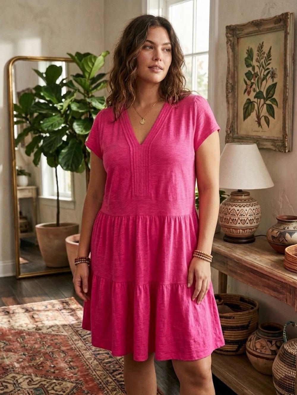 Women's Short Sleeve Cotton V-Neck Tiered Dress in Bright Pink